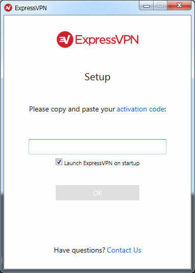 screenshot of ExpressVPN's Activation code prompt