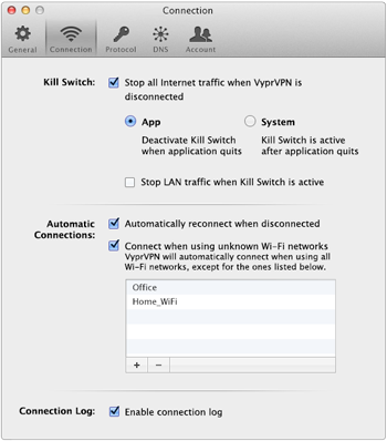 VyprVPN connection settings interface