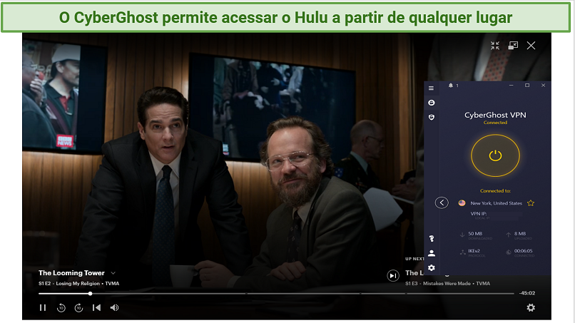 screenshot showing The Looming Tower streaming on Hulu with CyberGhost connected