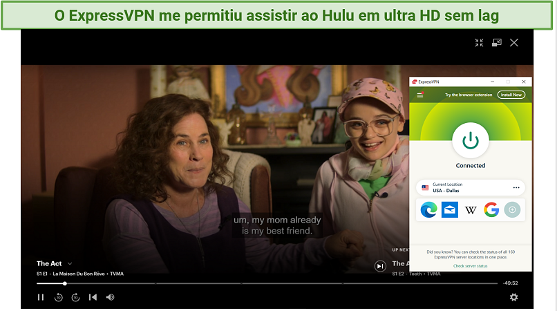Screenshot showing The Act streaming on Hulu with ExpressVPN connected