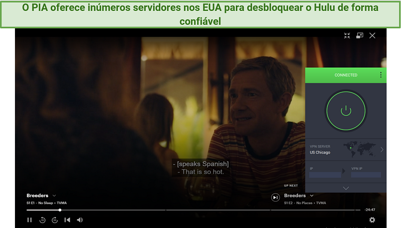 screenshot showing Breeders streaming on Hulu with PIA connected
