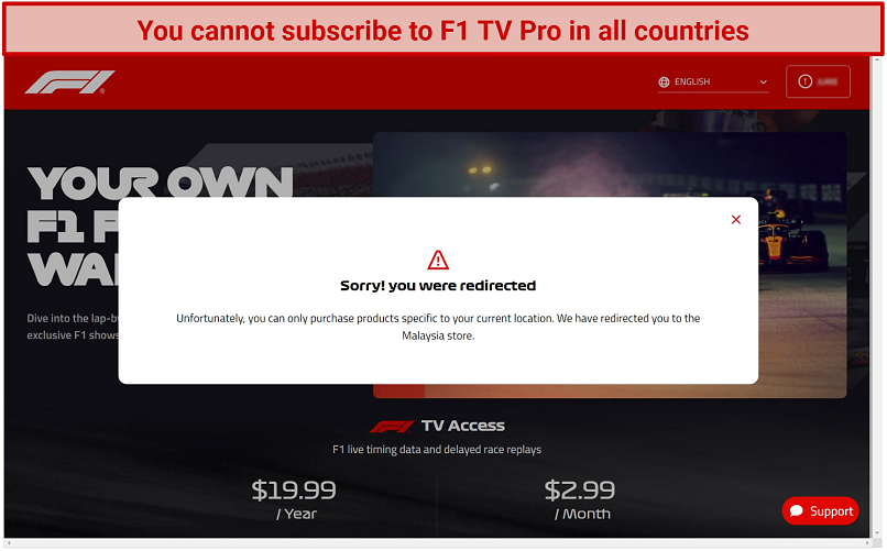 Screenshot of error message when attempting to subscribe to F1 TV Pro from a non-supported country.