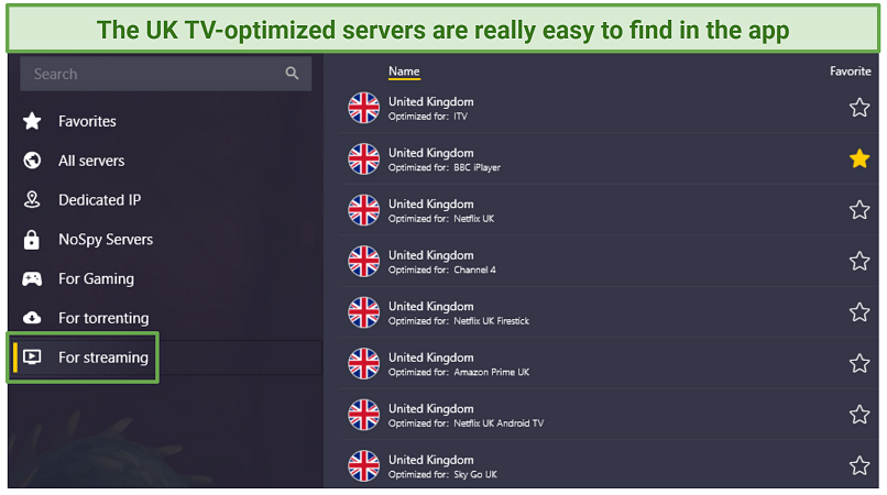 A screenshot of CyberGhost's optimized UK TV streaming servers