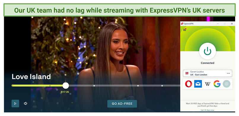 A screenshot showing Love Island playing on ITVX while connected to ExpressVPN's East London server