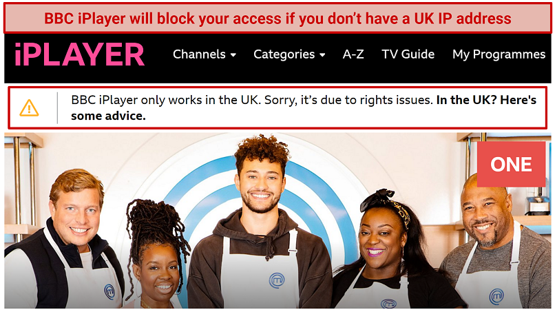 A screenshot of BBC iPlayer showing an error message when connecting to it from outside the UK