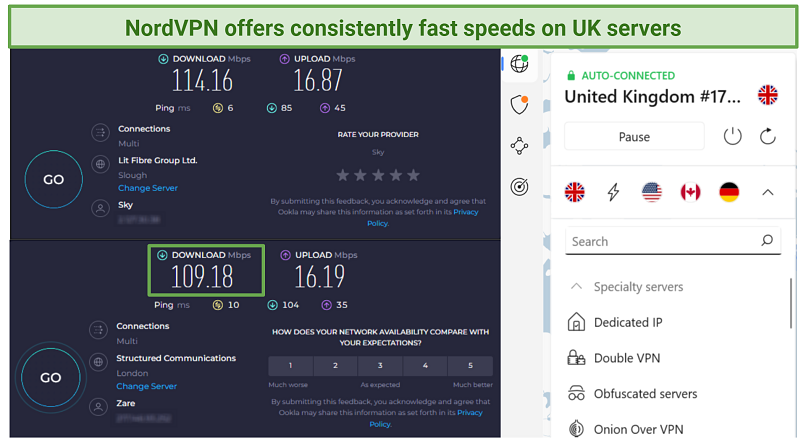 A screenshot showing a speed test from Slough, UK to a server in London, UK