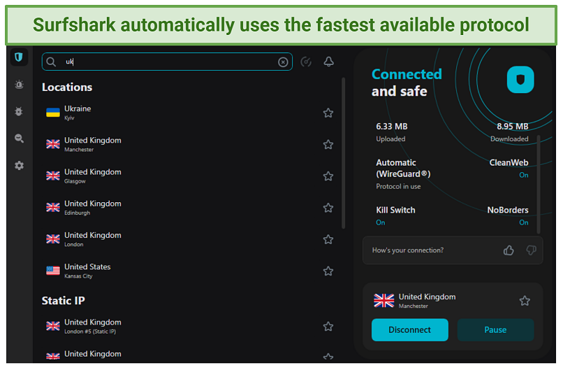 A screenshot of Surfshark's UK servers