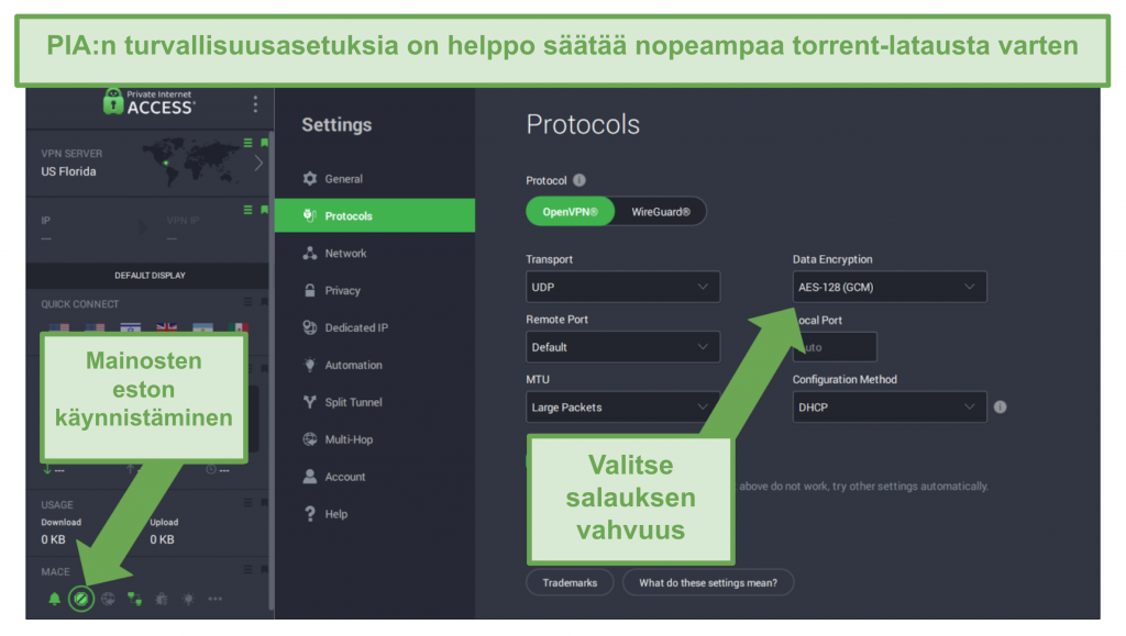 PIA's Windows app displaying security settings