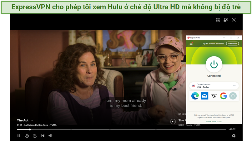 Screenshot showing The Act streaming on Hulu with ExpressVPN connected
