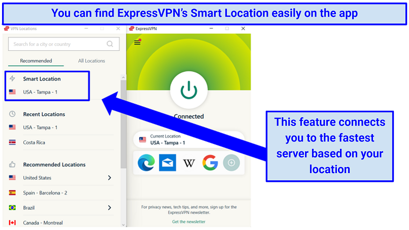 Screenshot showing how to connect to the fastest available server using ExpressVPN's Smart Location