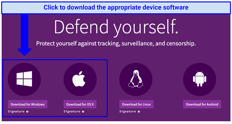 Screenshot showing how to download Tor for Mac and Windows from the official website