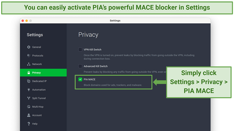 Screenshot showing how to activate the PIA MACE blocker in the Settings panel