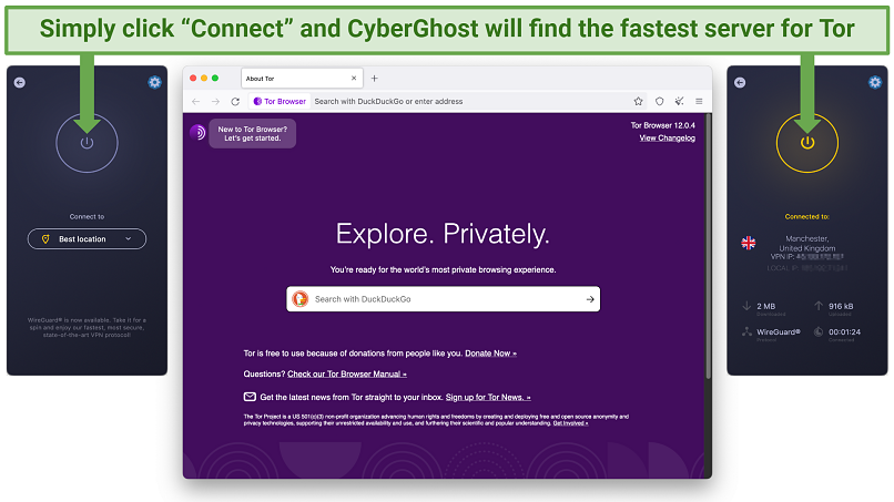 Screenshot showing how simple it is to connect to a server on the CyberGhost app