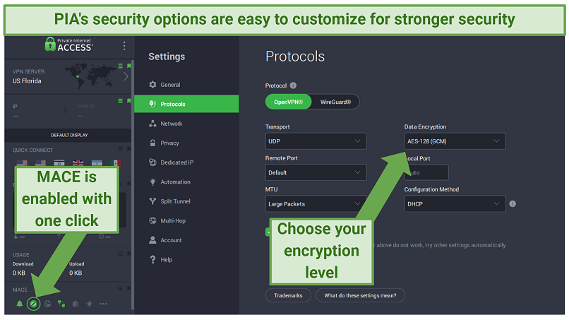 Private Internet Access' Windows app displaying the option to change the encryption level and enable MACE adblocker