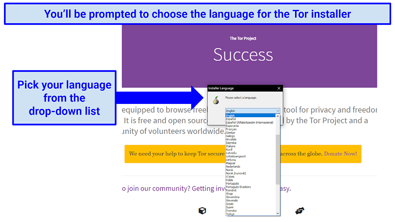 Instructions displaying how to select Tor's language preference