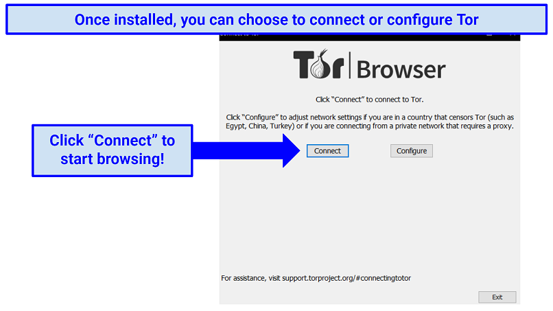 Instructions showing how to connect or configure Tor browser after installation