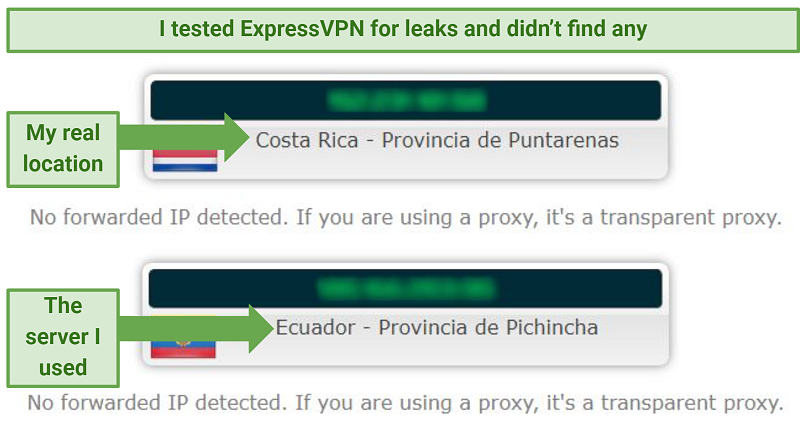 Leak test results showing that ExpressVPN successfully concealed my real IP address and location