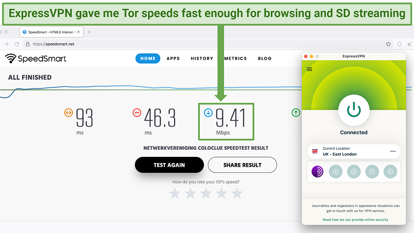 Image showing speed test results on Tor without ExpressVPN connected