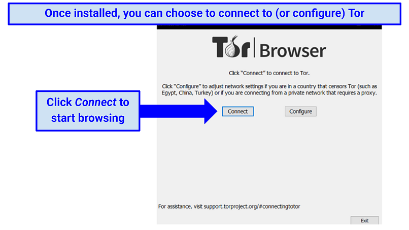 Screenshot showing the end screen of the Tor installation process, where you can connect to Tor or configure your settings