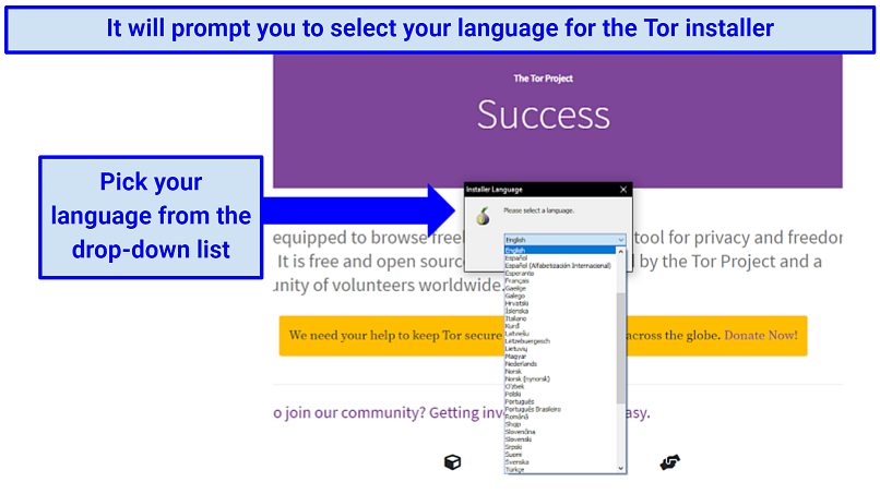 Screenshot showing how to select your language on the Tor installer