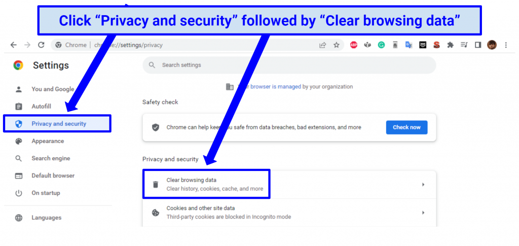 Screenshots of steps to clear cache and cookies in Chrome to bypass Netflix VPN blocks