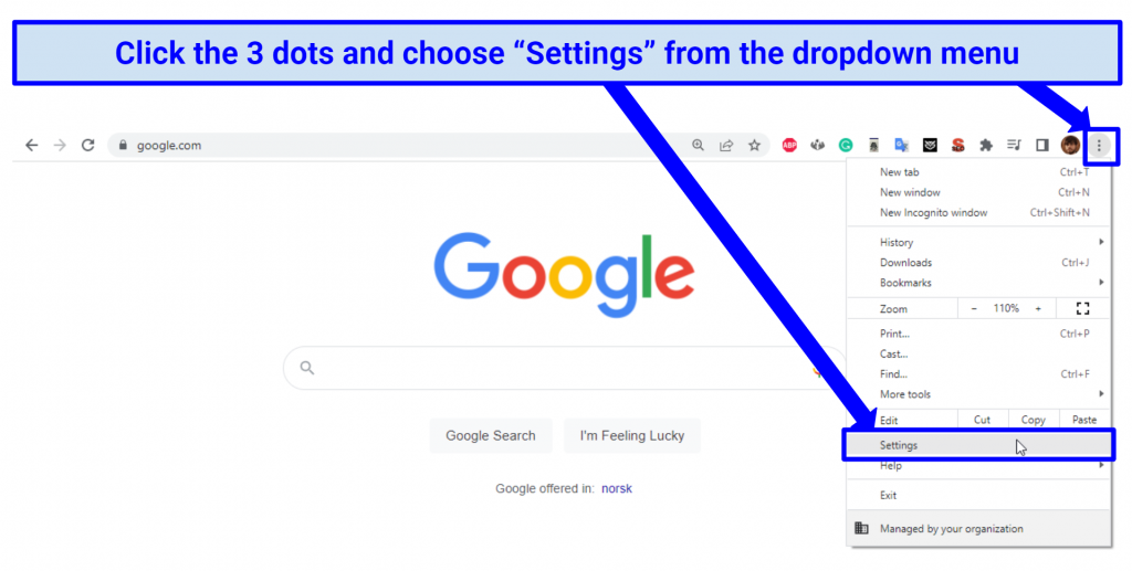 Chrome에서 캐시 및 쿠키를 청소하는 단계의 스크린 샷 Netflix VPN 블록을 우회하기 위해