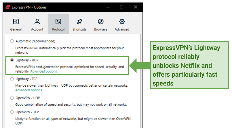 Screenshot of ExpressVPN's available protocols