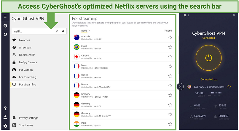 A screenshot showing a list of CyberGhost's Netflix-optimized servers within the Windows app