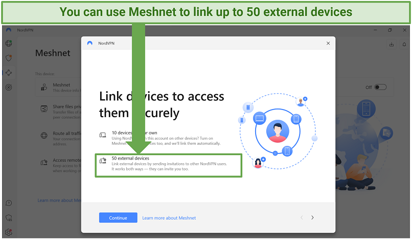 A screenshot of NordVPN's Meshnet showing how many devices you can connect