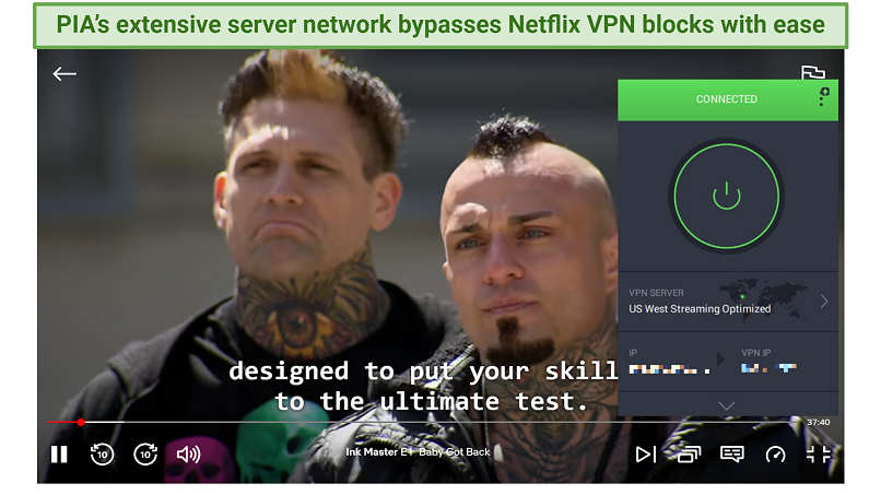 PIA Connected와 Netflix에서 잉크 마스터 스트리밍을 보여주는 스크린 샷