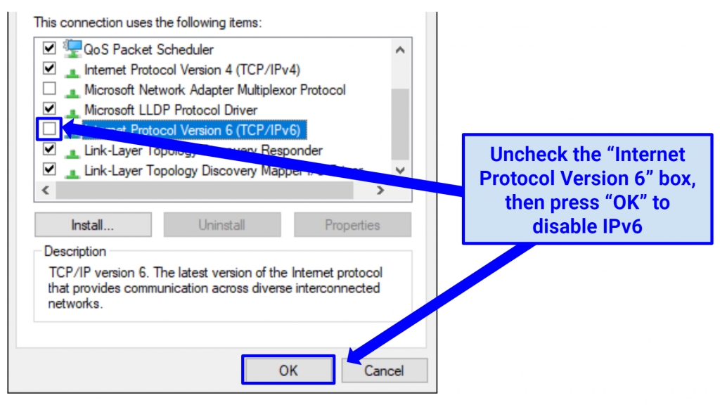 Screenshots showing how to disable IPv6 on Windows in order to bypass Netflix VPN blocks