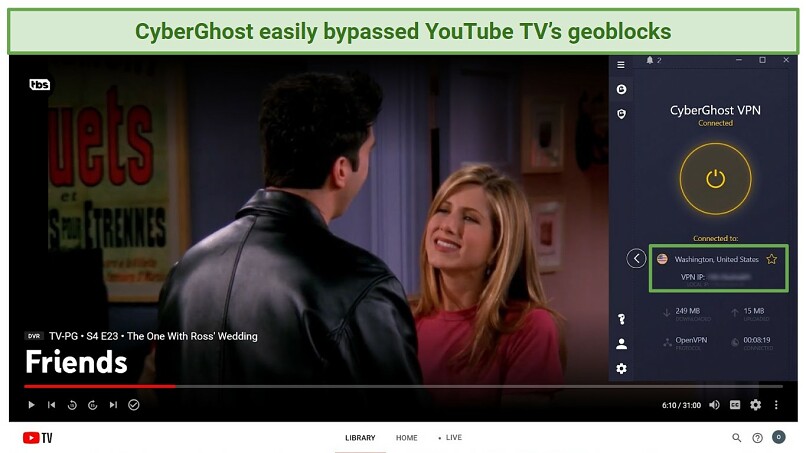 A screenshot of an episode of Friends streaming on YouTube TV