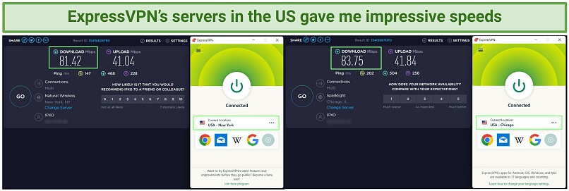 A screenshot of speed test results using ExpressVPN's servers in the US