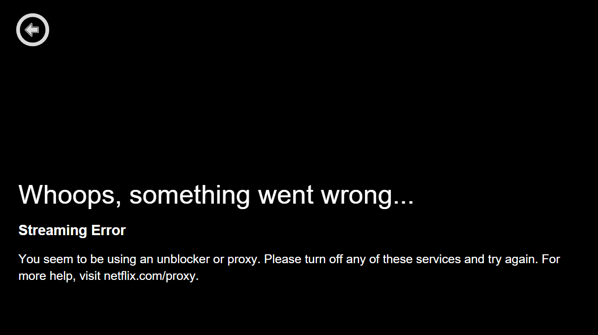 Screenshot of Hola VPN's Netflix georestriction error