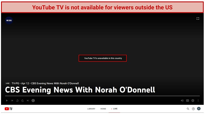 A screenshot of an error message when trying to access YouTube TV outside of the US