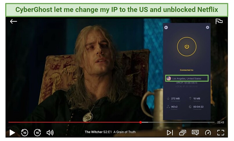 A screenshot of a Netflix show (The Witcher) that CyberGhost unblocked with one of its US servers