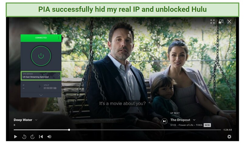 A screenshot showing that PIA's US East streaming-optimized server let me watch Deep Water on Hulu