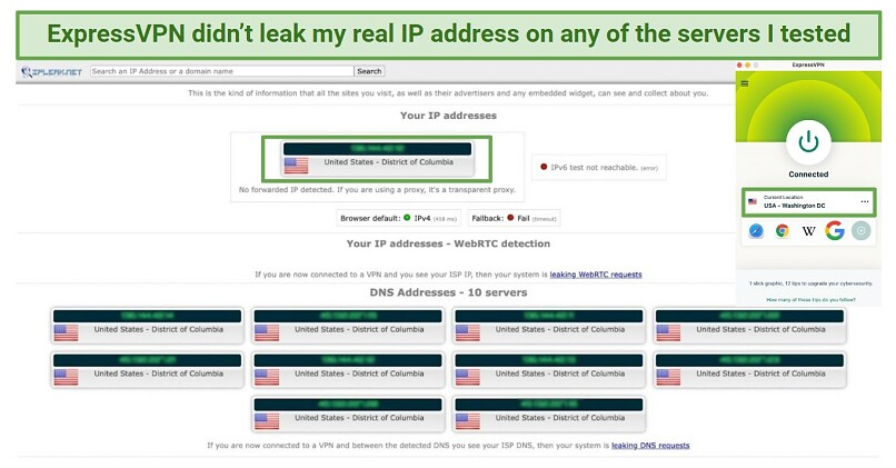 A screenshot of an IPLeak test while connected to ExpressVPN's Washington server