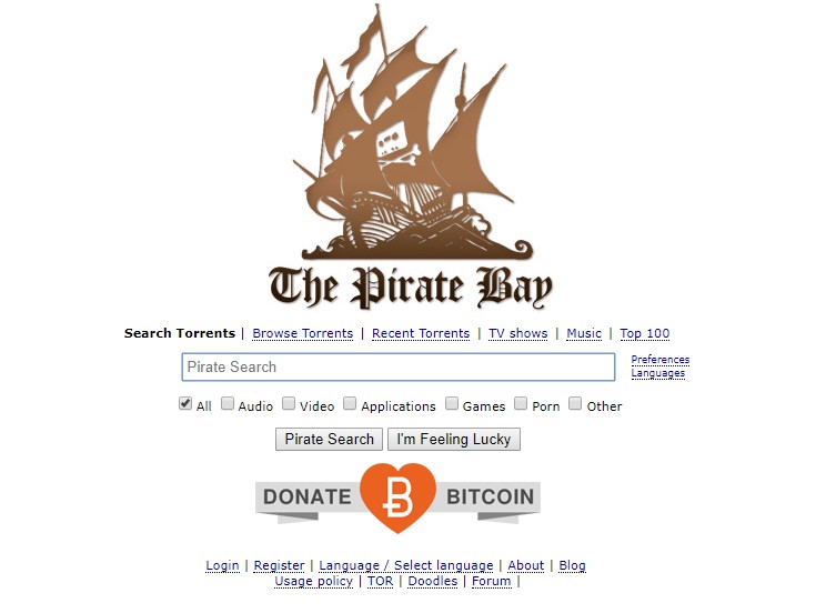 Pirate Bay website screenshot