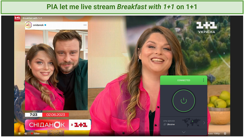 A screenshot showing you can live-stream 1+1 with PIA