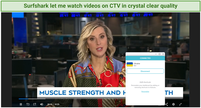A screenshot showing you can use Surfshark to stream Ukrainian content on CTV in crystal clear quality