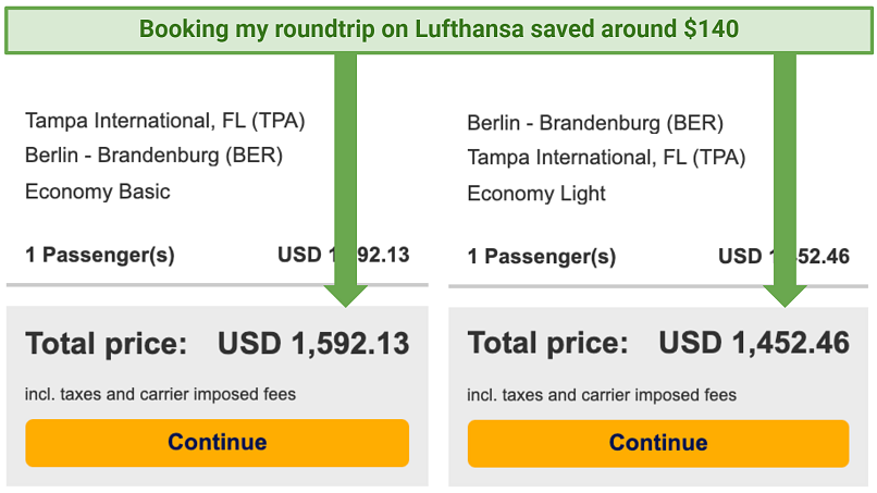 Screenshot showing fare savings on flights when booking a roundtrip versus one way