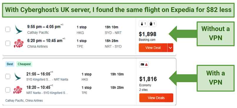 Screenshot showing flight price comparisons on Expedia, without a VPN and with Cyberghost connected to a UK server