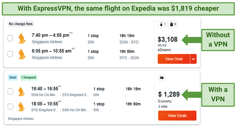 Screenshot showing a flight price comparison from expedia.com, first without using a VPN, then, while connected to ExpressVPN