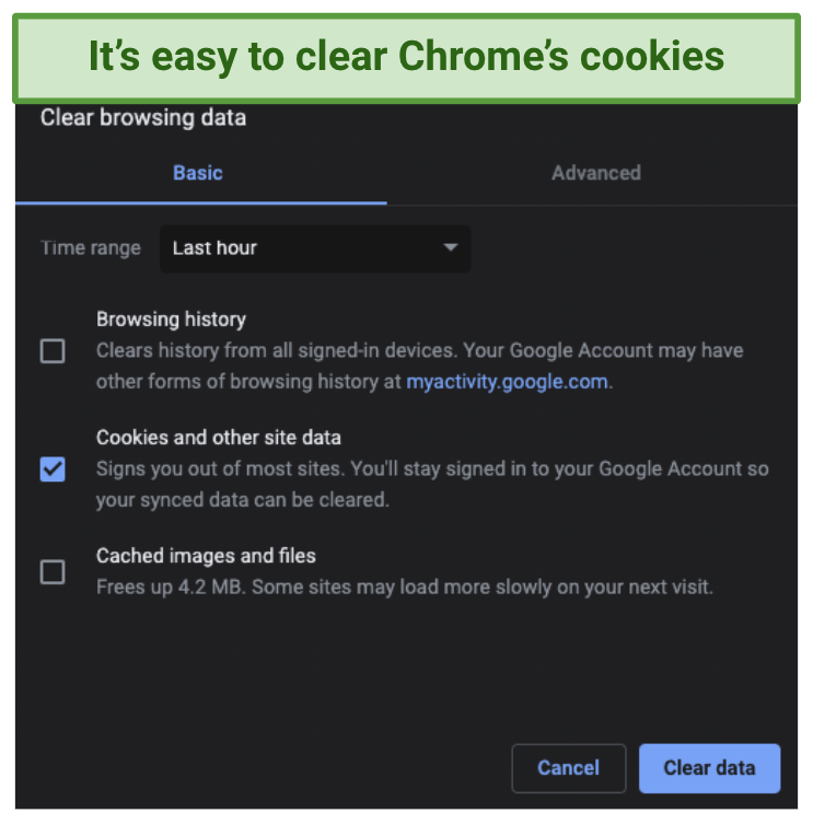 Screenshot showing how to clear cookies in the Chrome browser