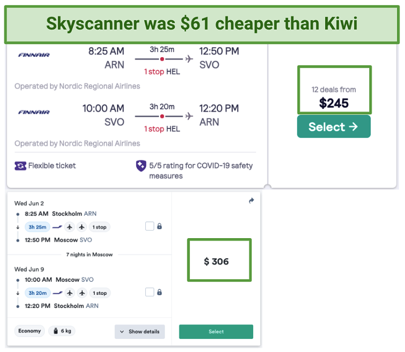 Screenshot showing differing prices for the same flight on Skyscanner and Kiwi