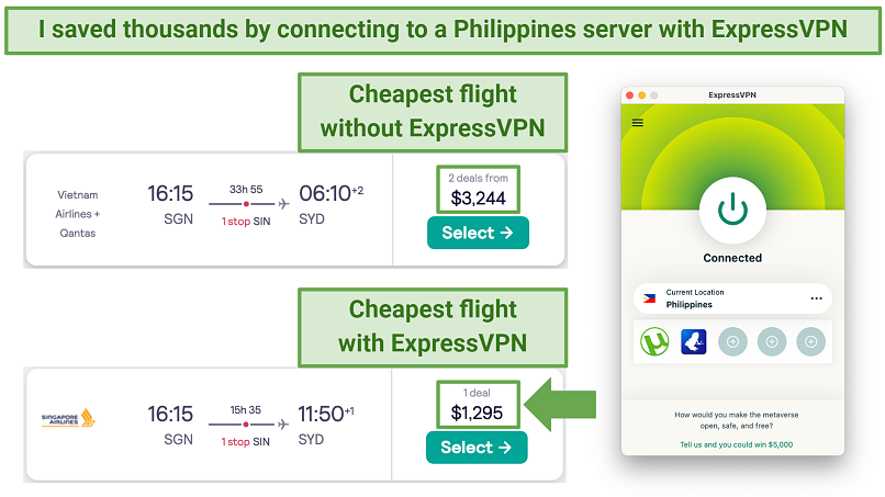 Screenshot showing a huge saving on a single flight on Skyscanner when connected to a server in the Philippines