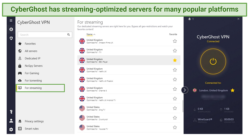 screenshot showing CyberGhost's streaming-optimized servers