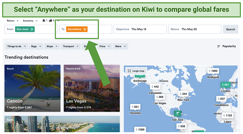 Screenshot showing global flight price comparisons on kiwi.com after entering