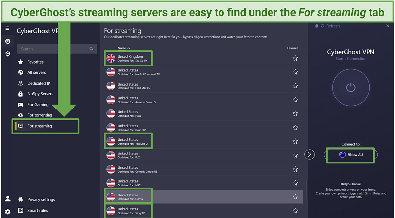 Screenshot of CyberGhost's streaming-optimized servers in its Windows app